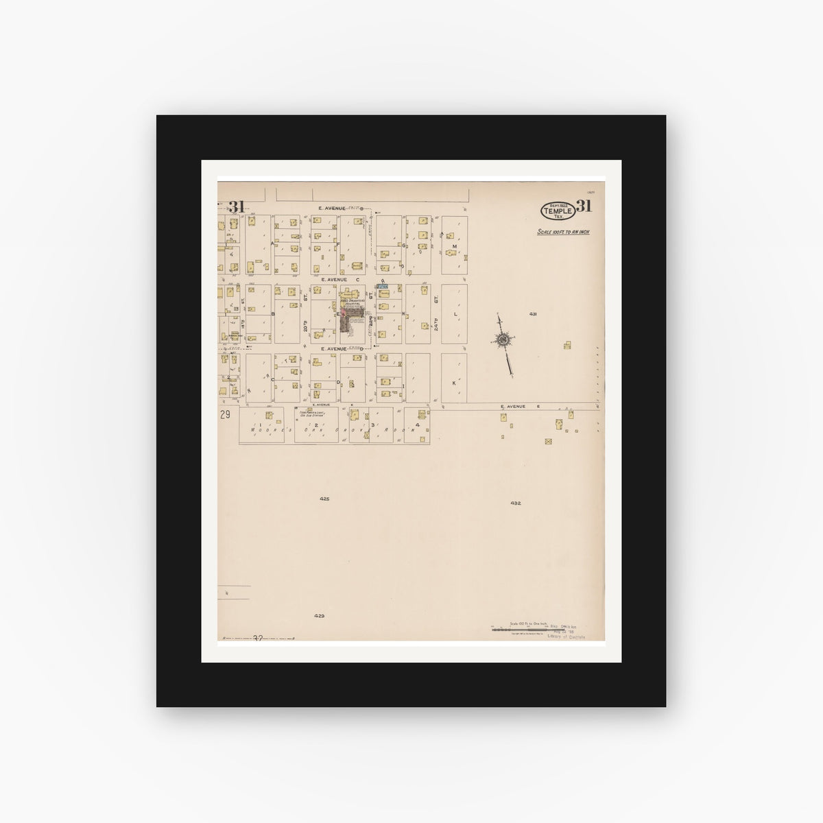 Old map wall art mockup — black gallery frame with white mat — Sanborn Fire Insurance Map from Temple, Bell County, Texas (1922), Sheet #0031