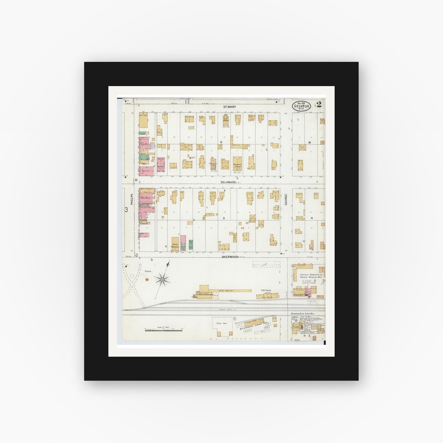 Old map wall art mockup — black gallery frame with white mat — Sanborn Fire Insurance Map from Decatur, Van Buren County, Michigan (1899), Sheet #0002