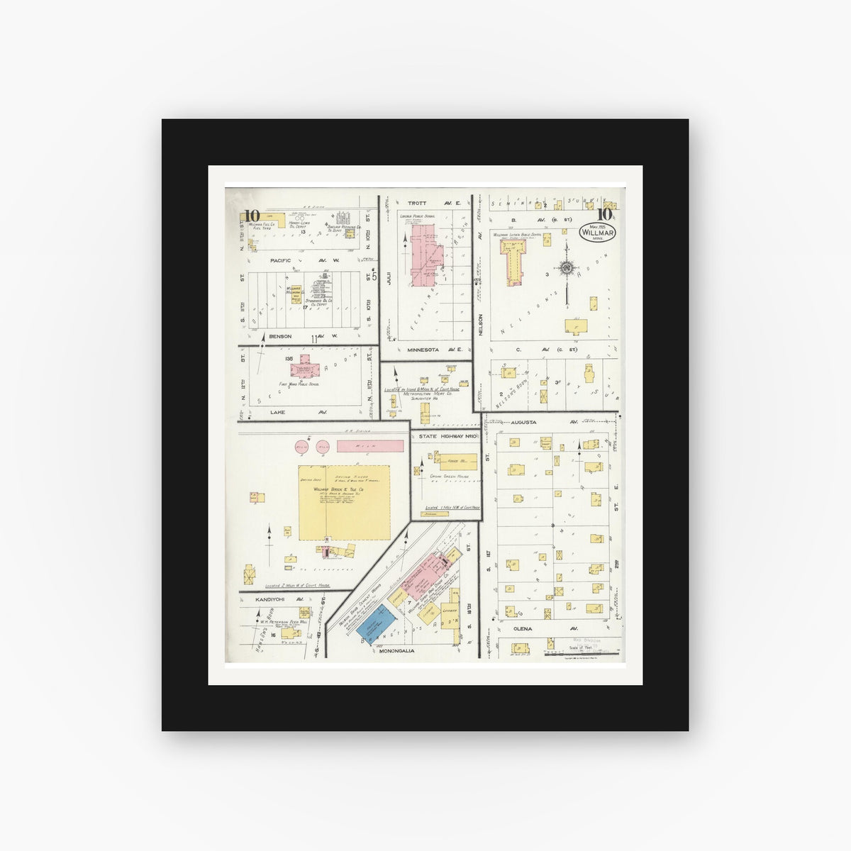 Old map wall art mockup — black gallery frame with white mat — Sanborn Fire Insurance Map from Willmar, Kandiyohi County, Minnesota (1925), Sheet #0010