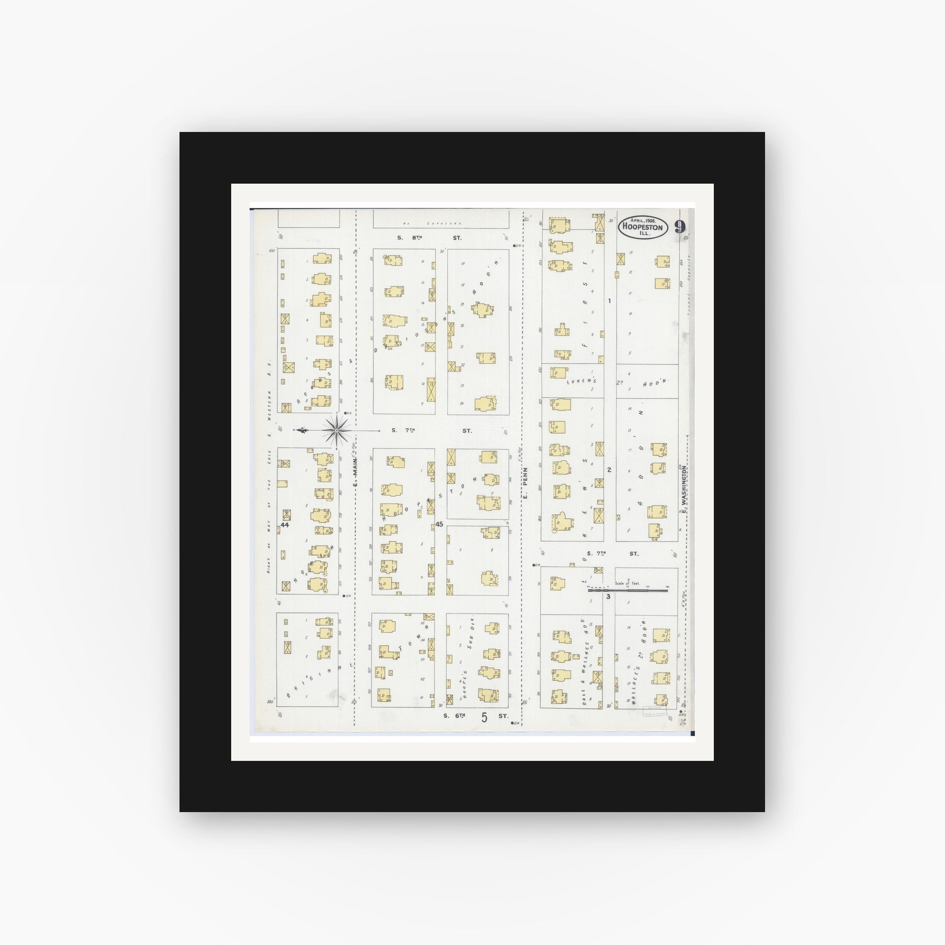 Old map wall art mockup — black gallery frame with white mat — Sanborn Fire Insurance Map from Hoopeston, Vermilion County, Illinois (1906), Sheet #0009