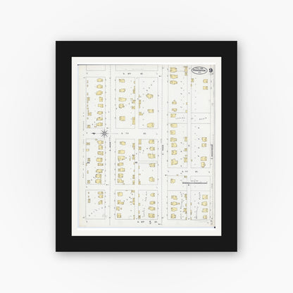 Old map wall art mockup — black gallery frame with white mat — Sanborn Fire Insurance Map from Hoopeston, Vermilion County, Illinois (1906), Sheet #0009