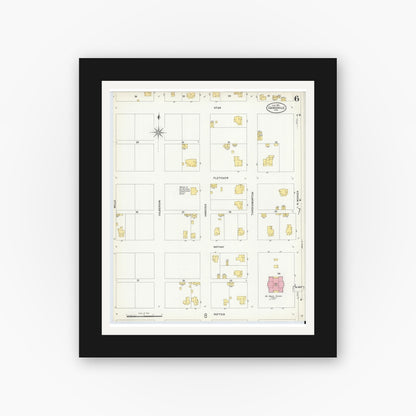 Old map wall art mockup — black gallery frame with white mat — Sanborn Fire Insurance Map from Gainesville, Cooke County, Texas (1908), Sheet #0006
