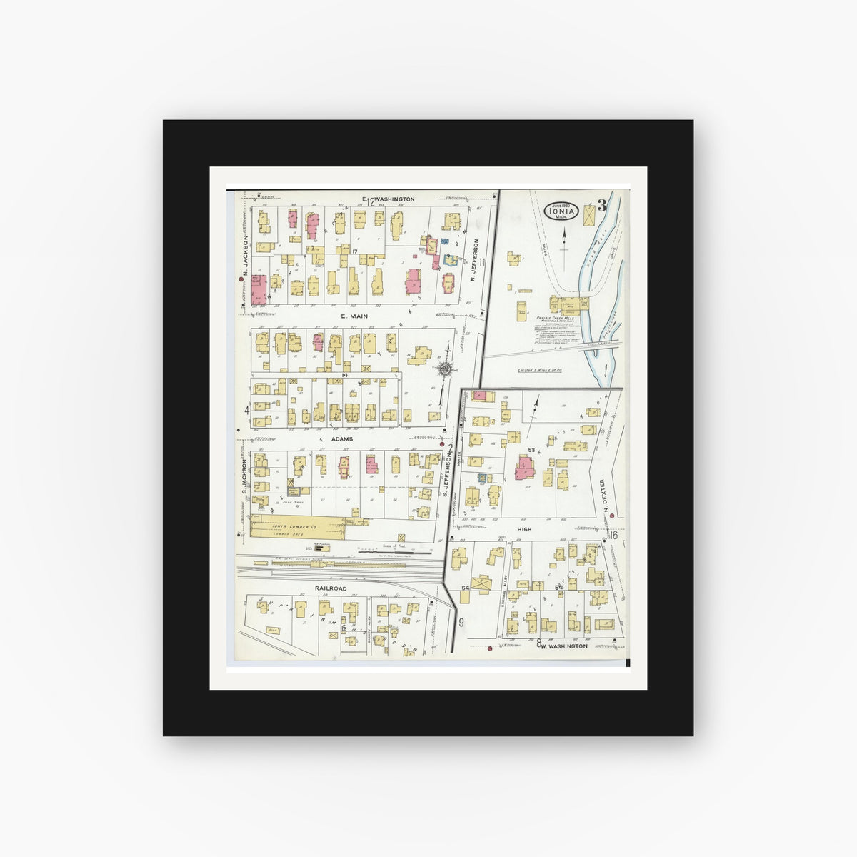 Old map wall art mockup — black gallery frame with white mat — Sanborn Fire Insurance Map from Ionia, Ionia County, Michigan (1920), Sheet #0003