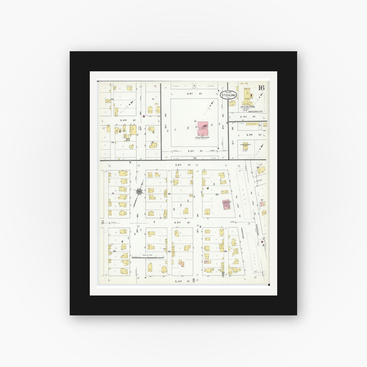 Old map wall art mockup — black gallery frame with white mat — Sanborn Fire Insurance Map from Sterling, Whiteside County, Illinois (1910), Sheet #0016