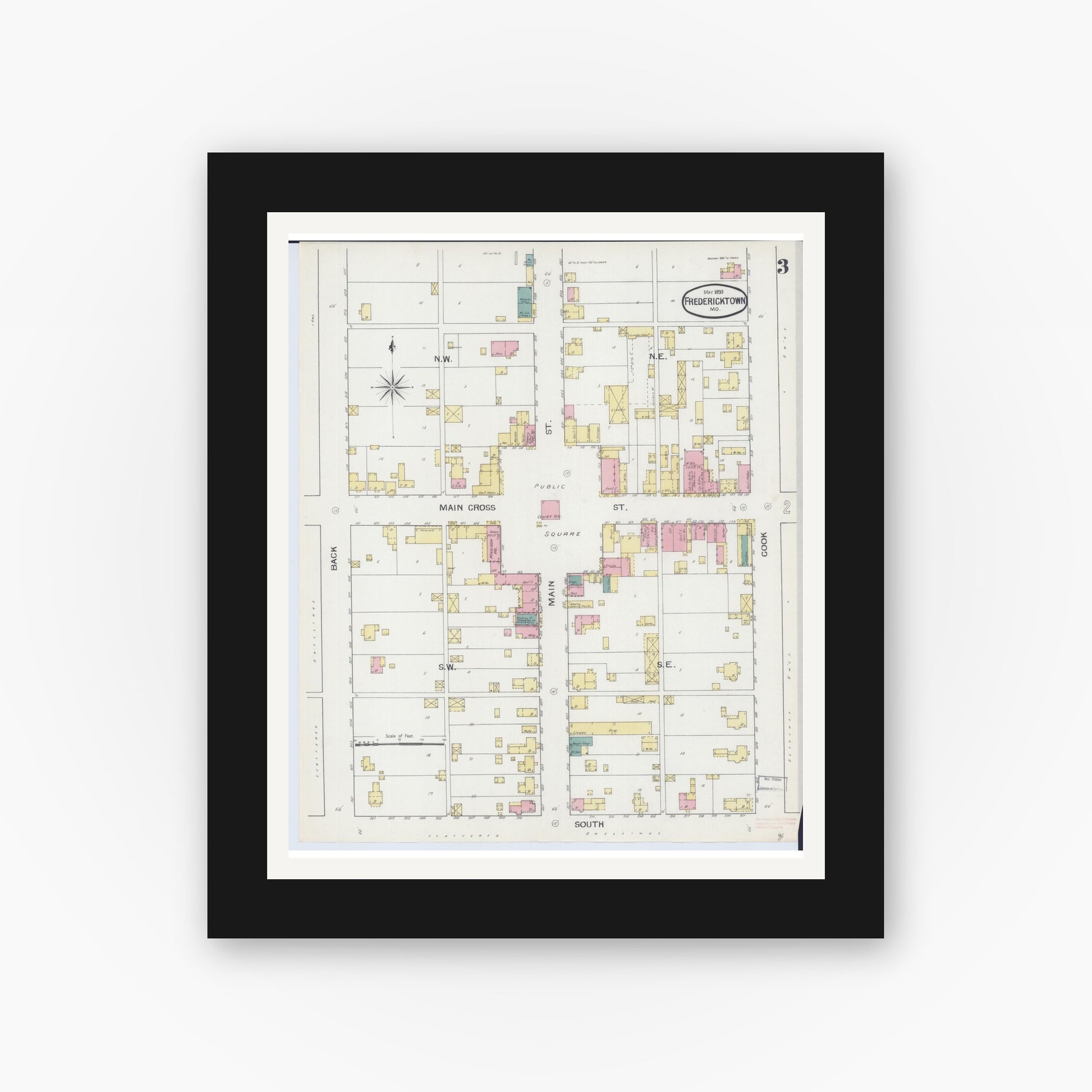 Old map wall art mockup — black gallery frame with white mat — Sanborn Fire Insurance Map from Fredericktown, Madison County, Missouri (1893), Sheet #0003