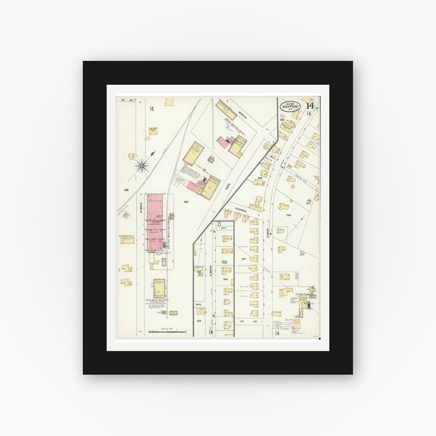 Old map wall art mockup — black gallery frame with white mat — Sanborn Fire Insurance Map from High Point, Guilford County, North Carolina (1906), Sheet #0014