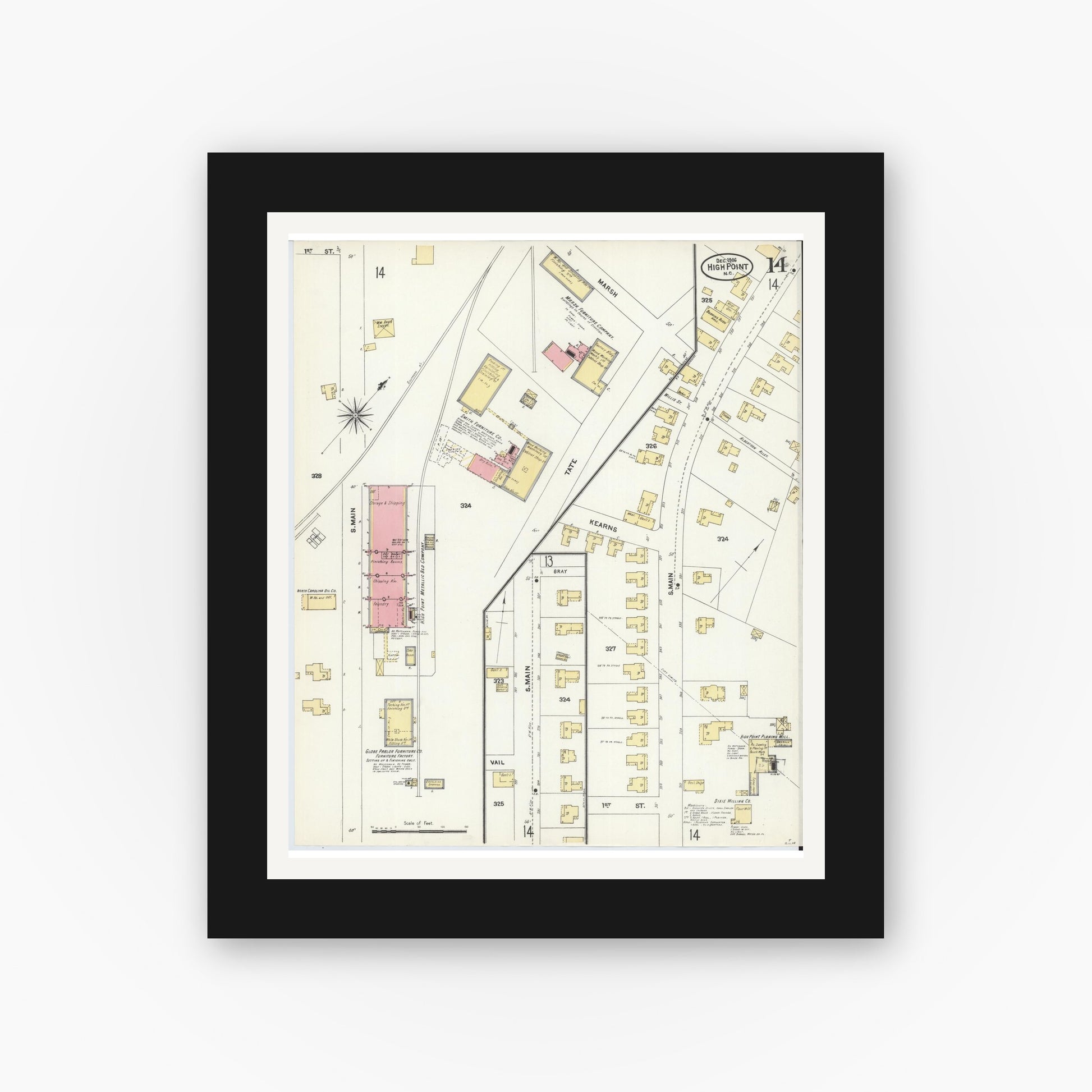 Old map wall art mockup — black gallery frame with white mat — Sanborn Fire Insurance Map from High Point, Guilford County, North Carolina (1906), Sheet #0014