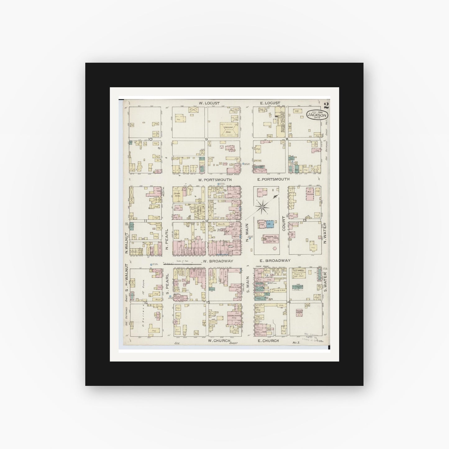 Old map wall art mockup — black gallery frame with white mat — Sanborn Fire Insurance Map from Jackson, Jackson County, Ohio (1886), Sheet #0002