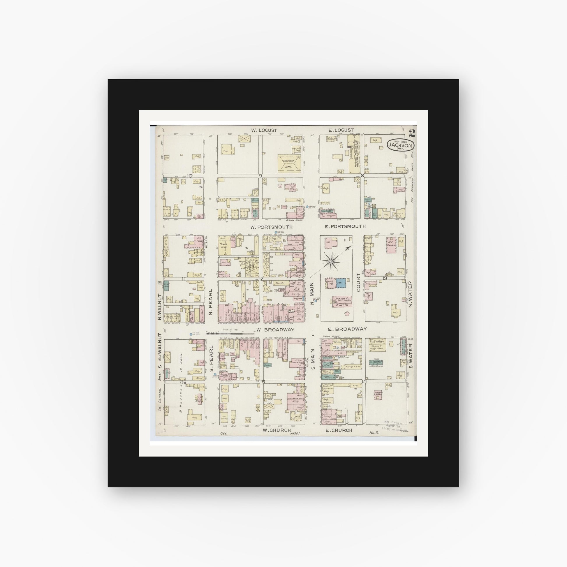 Old map wall art mockup — black gallery frame with white mat — Sanborn Fire Insurance Map from Jackson, Jackson County, Ohio (1886), Sheet #0002