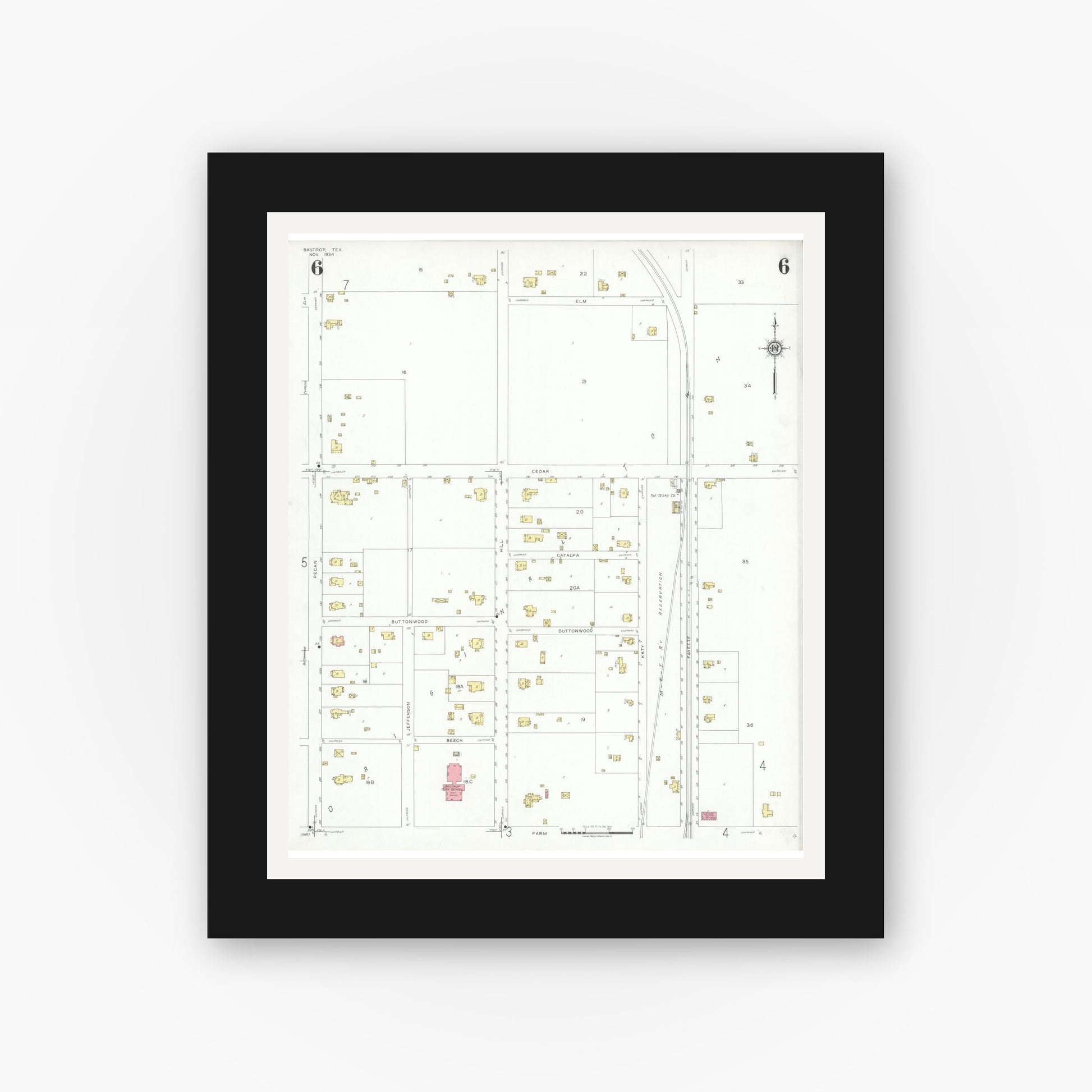 Old map wall art mockup — black gallery frame with white mat — Sanborn Fire Insurance Map from Bastrop, Bastrop County, Texas (1934), Sheet #0006