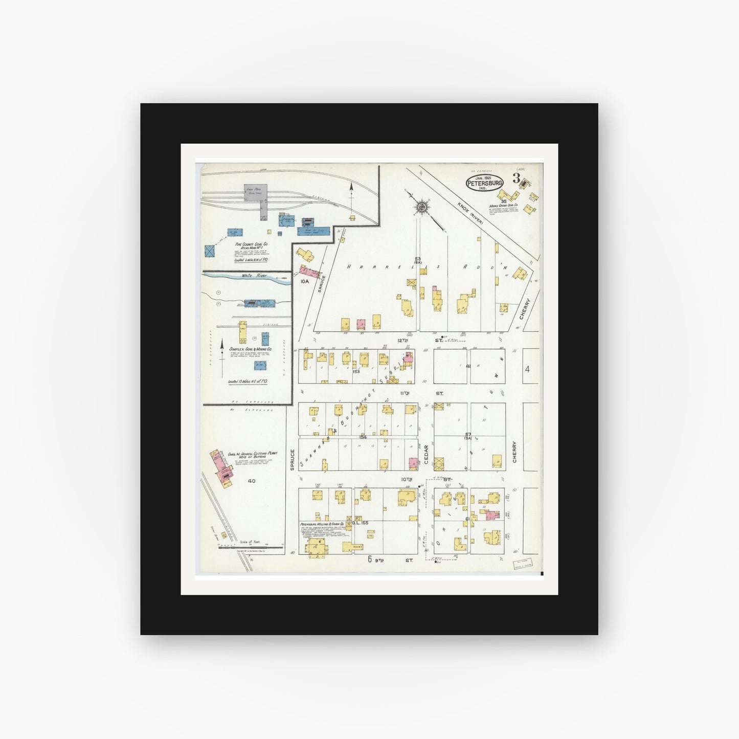 Old map wall art mockup — black gallery frame with white mat — Sanborn Fire Insurance Map from Petersburg, Pike County, Indiana (1921), Sheet #0003