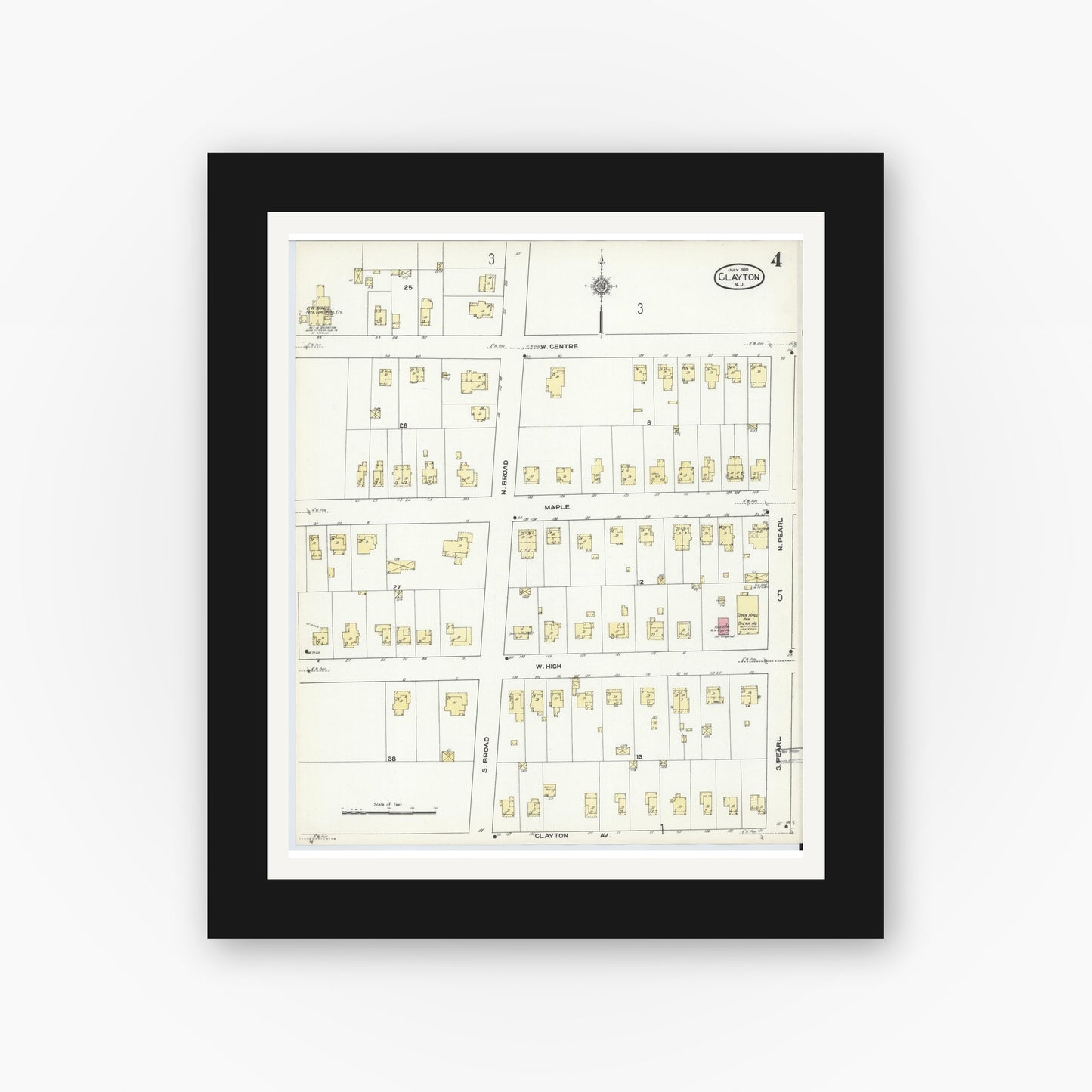 Old map wall art mockup — black gallery frame with white mat — Sanborn Fire Insurance Map from Clayton, Gloucester County, New Jersey (1910), Sheet #0004