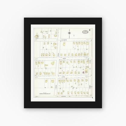 Old map wall art mockup — black gallery frame with white mat — Sanborn Fire Insurance Map from Clayton, Gloucester County, New Jersey (1910), Sheet #0004