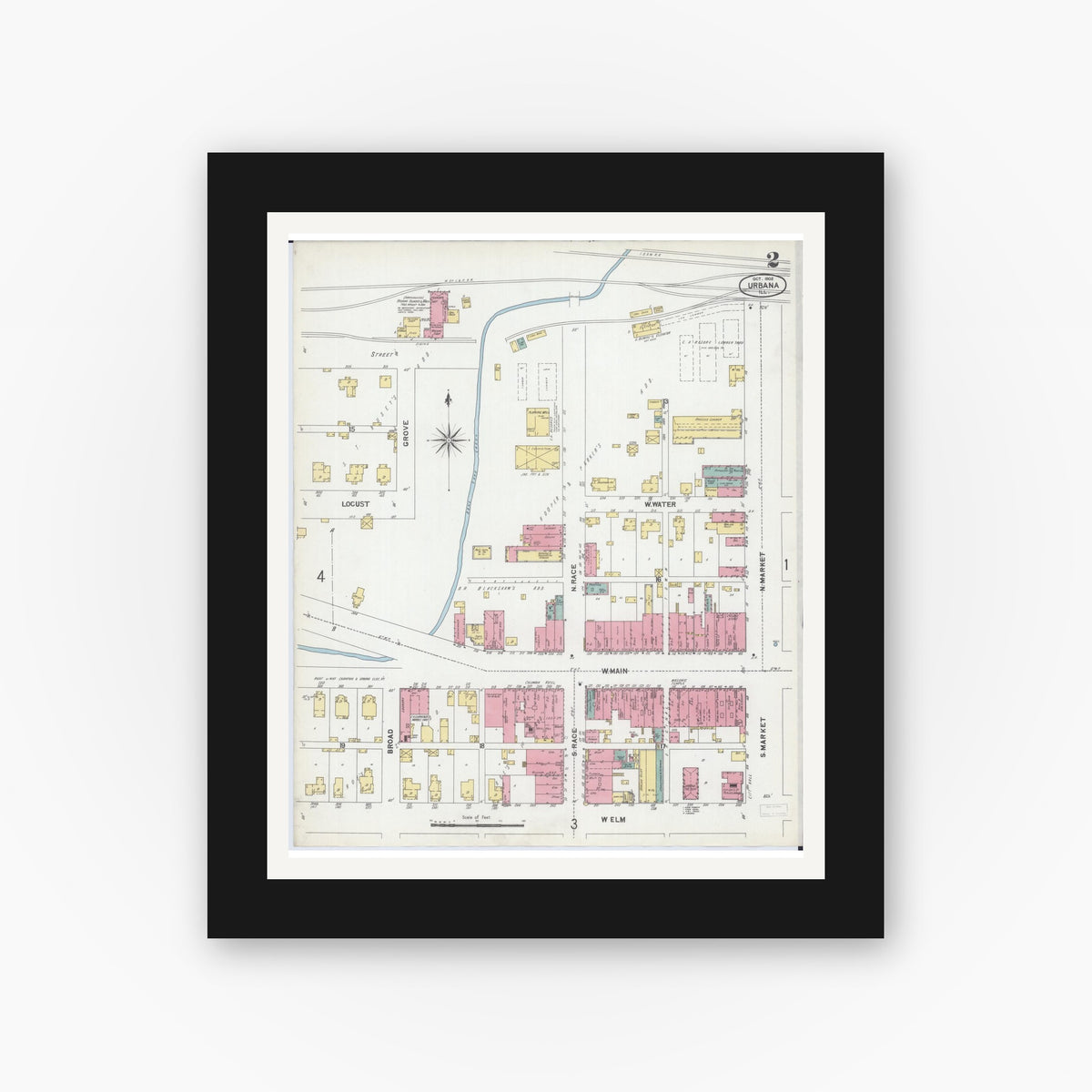 Old map wall art mockup — black gallery frame with white mat — Sanborn Fire Insurance Map from Urbana, Champaign County, Illinois (1902), Sheet #0002