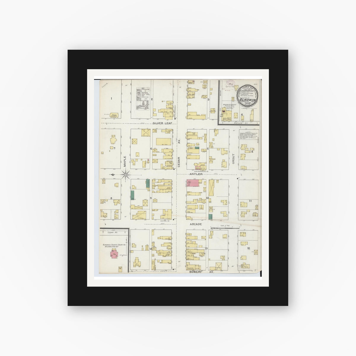 Old map wall art mockup — black gallery frame with white mat — Sanborn Fire Insurance Map from Gladwin, Gladwin County, Michigan (1893), Sheet #0001
