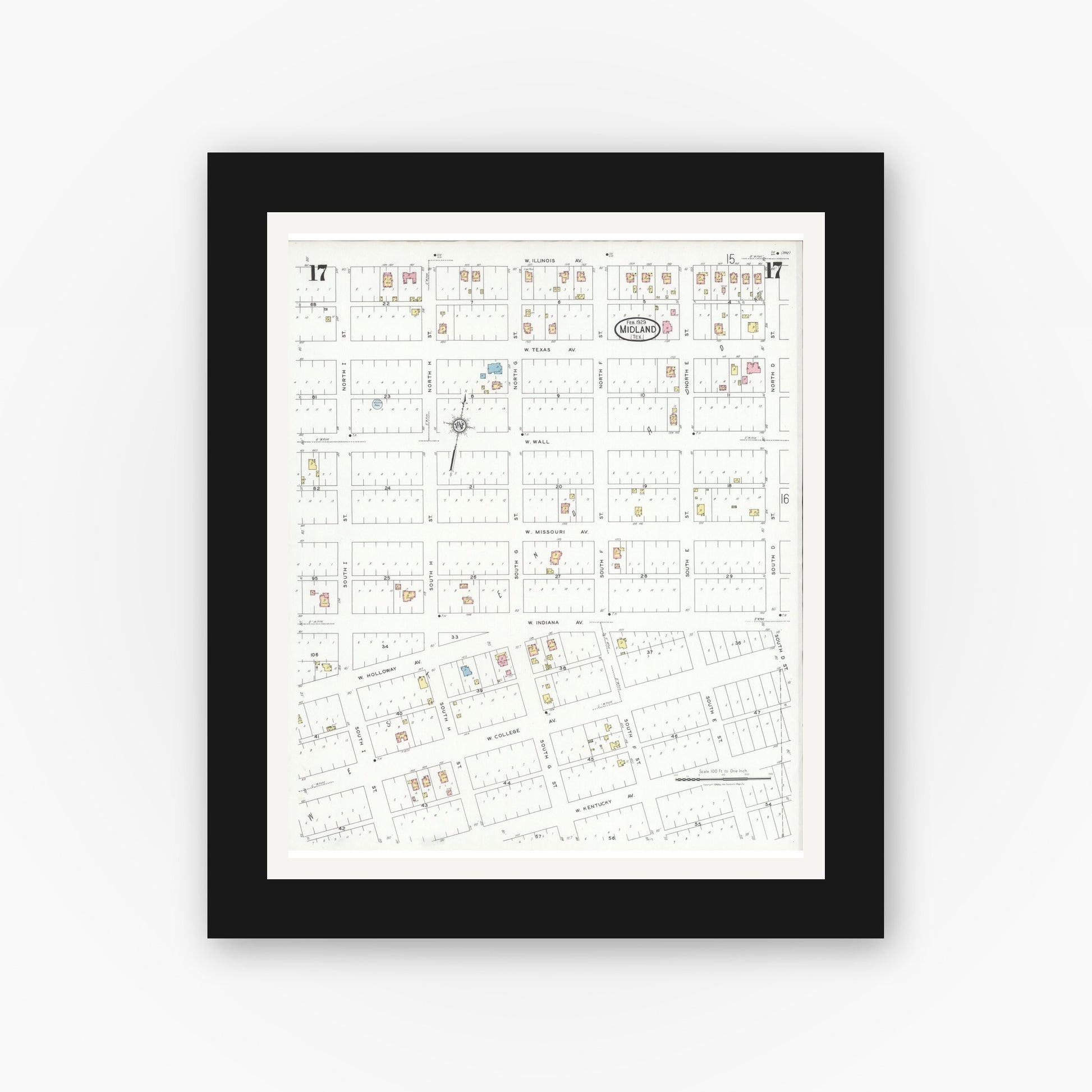 Old map wall art mockup — black gallery frame with white mat — Sanborn Fire Insurance Map from Midland, Midland County, Texas (1929), Sheet #0017