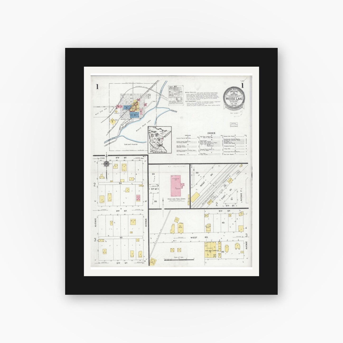 Old map wall art mockup — black gallery frame with white mat — Sanborn Fire Insurance Map from Moose Lake, Carlton County, Minnesota (1925) - Complete Map Set