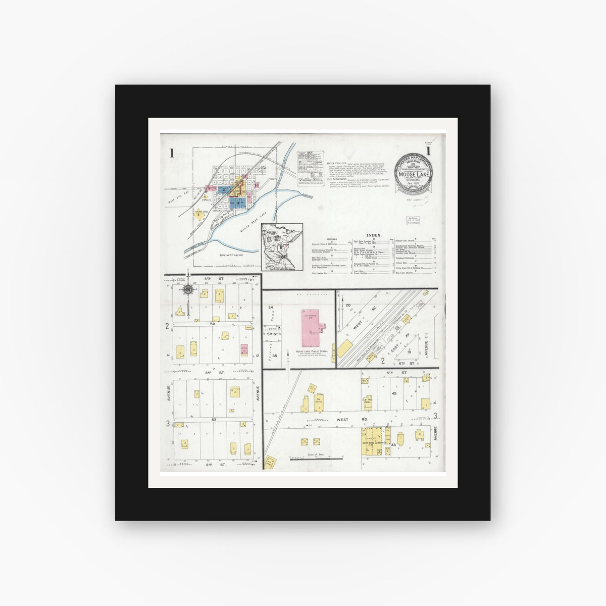 Old map wall art mockup — black gallery frame with white mat — Sanborn Fire Insurance Map from Moose Lake, Carlton County, Minnesota (1925) - Complete Map Set