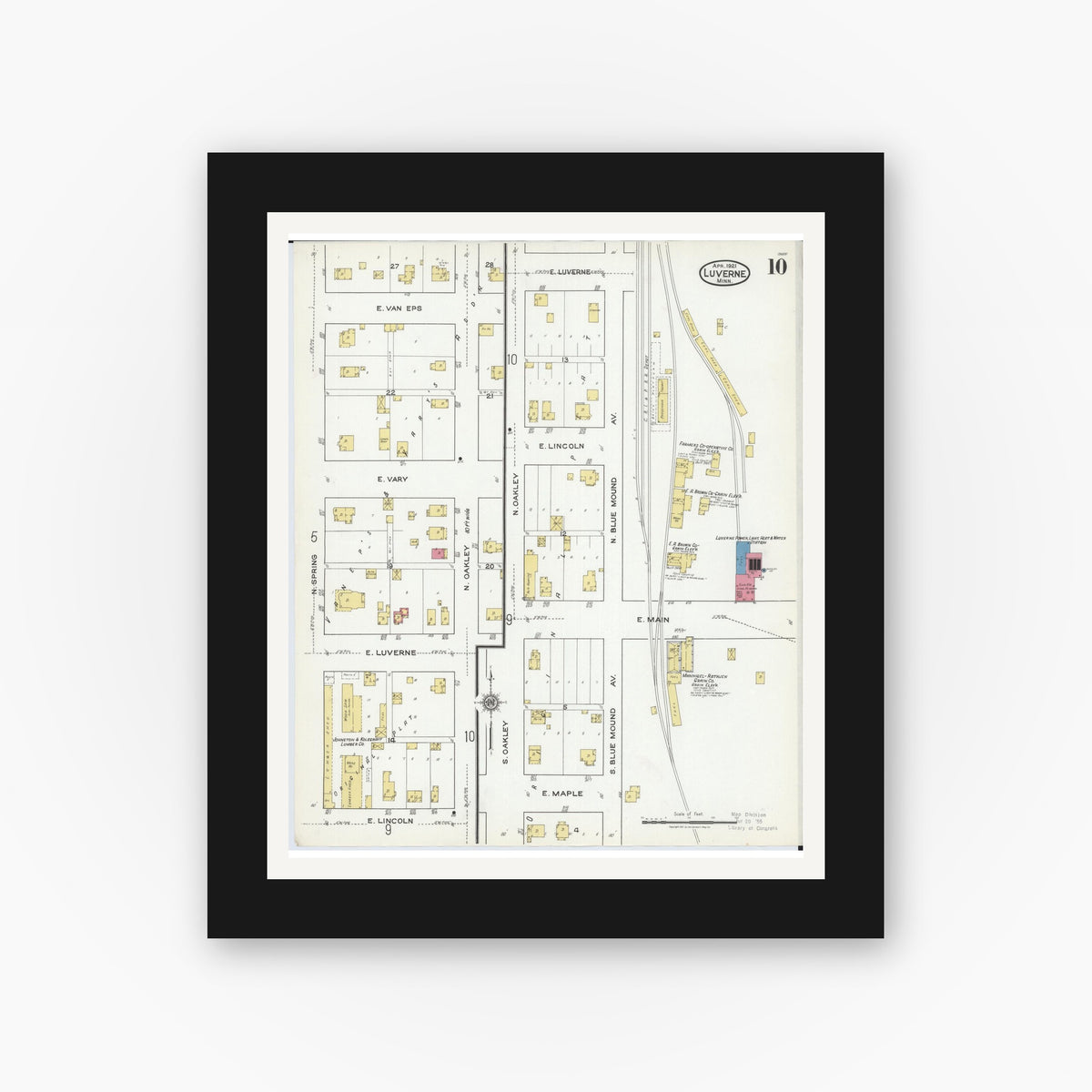 Old map wall art mockup — black gallery frame with white mat — Sanborn Fire Insurance Map from Luverne, Rock County, Minnesota (1921), Sheet #0010