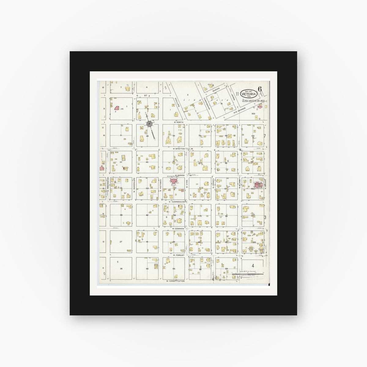 Old map wall art mockup — black gallery frame with white mat — Sanborn Fire Insurance Map from Victoria, Victoria County, Texas (1917), Sheet #0006