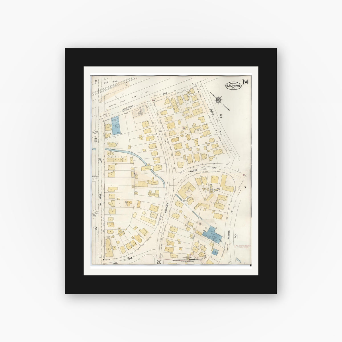 Old map wall art mockup — black gallery frame with white mat — Sanborn Fire Insurance Map from Burlingame, San Mateo County, California (1949), Sheet #0014