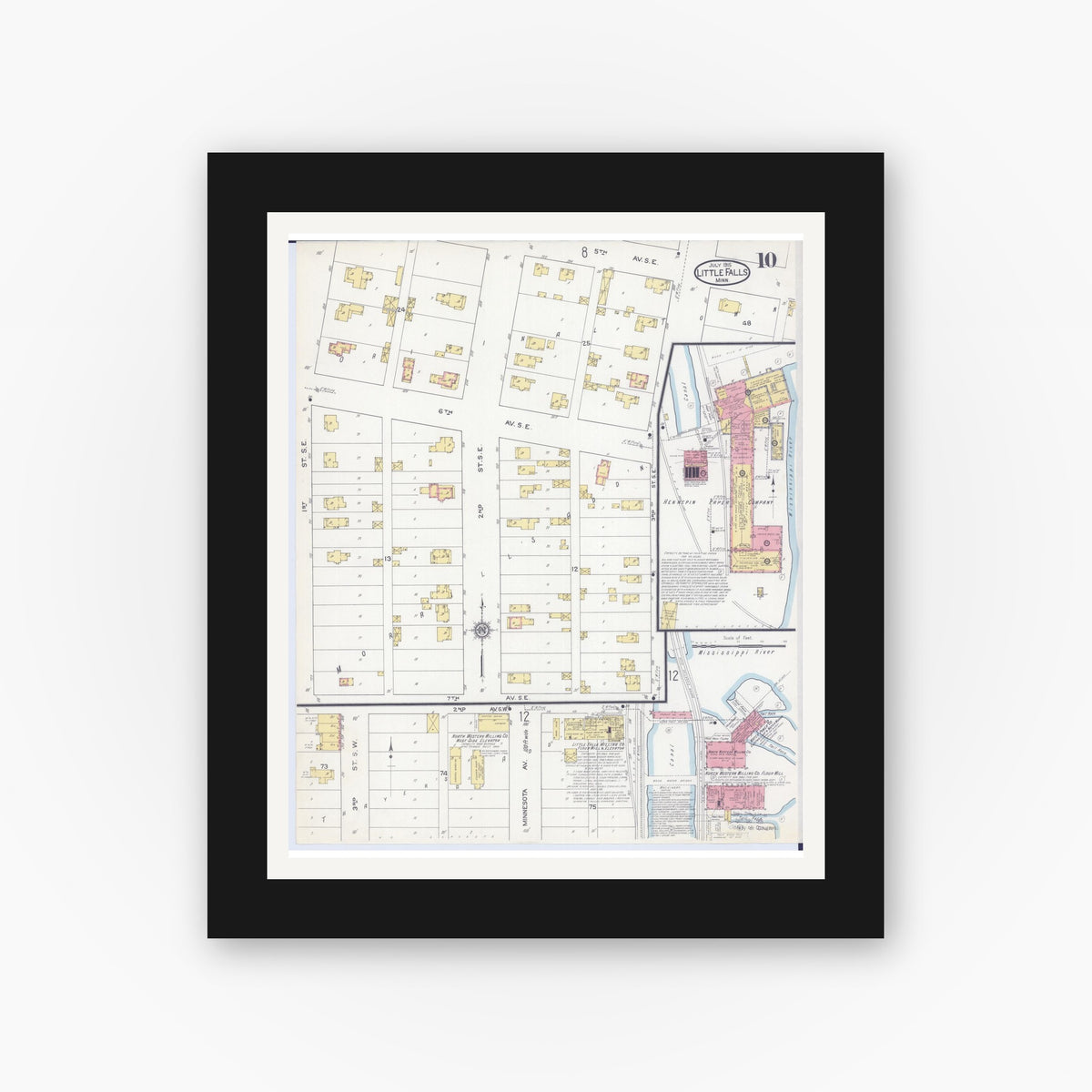 Old map wall art mockup — black gallery frame with white mat — Sanborn Fire Insurance Map from Little Falls, Morrison County, Minnesota (1915), Sheet #0010