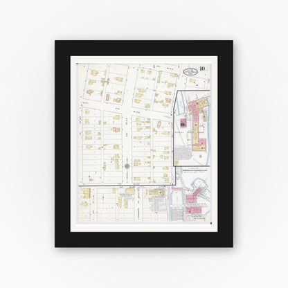 Old map wall art mockup — black gallery frame with white mat — Sanborn Fire Insurance Map from Little Falls, Morrison County, Minnesota (1915), Sheet #0010