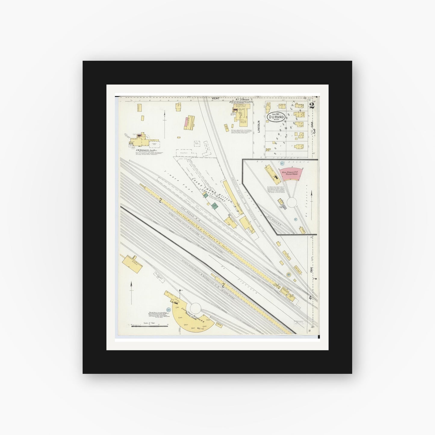 Old map wall art mockup — black gallery frame with white mat — Sanborn Fire Insurance Map from Durand, Shiawassee County, Michigan (1901), Sheet #0002