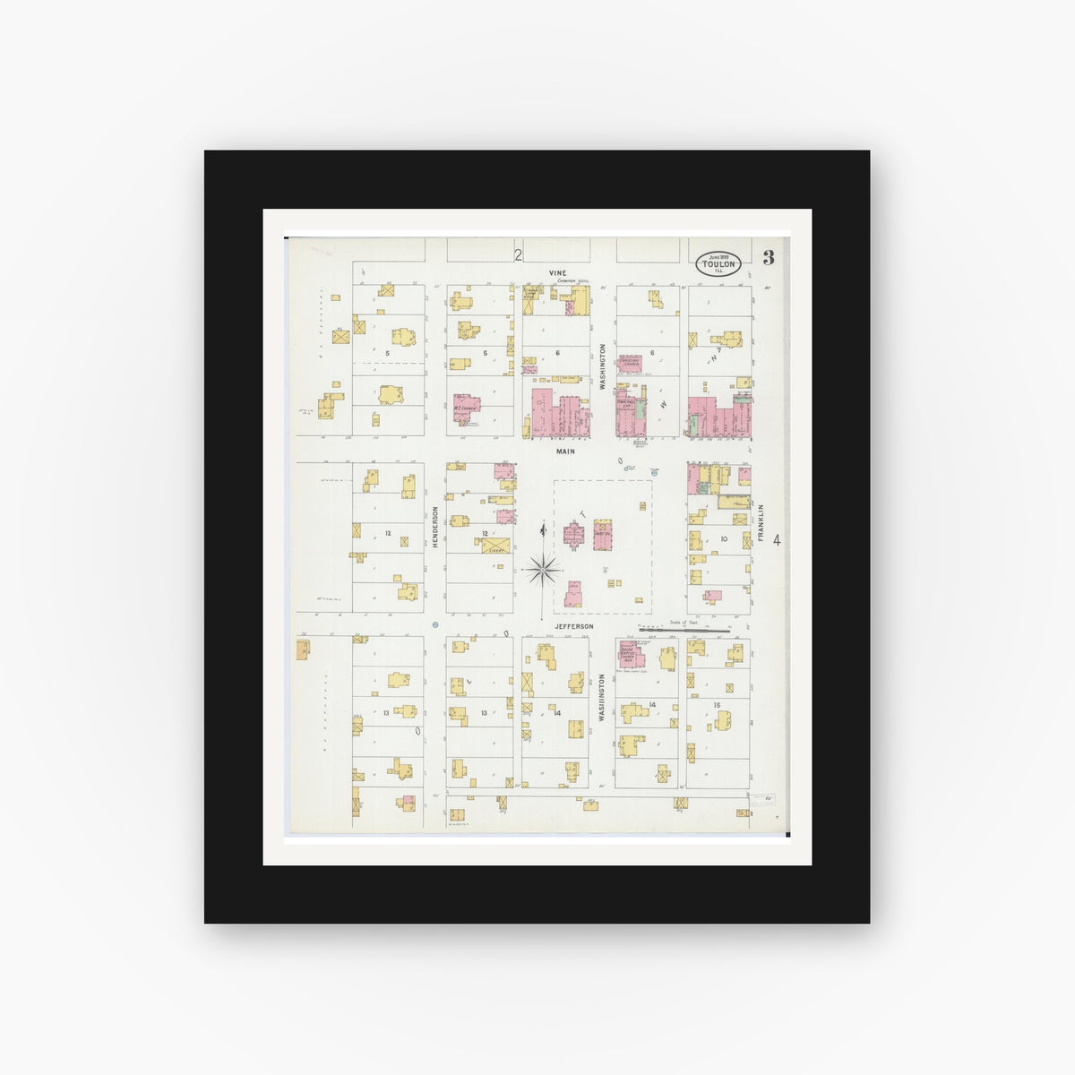 Old map wall art mockup — black gallery frame with white mat — Sanborn Fire Insurance Map from Toulon, Stark County, Illinois (1899), Sheet #0003