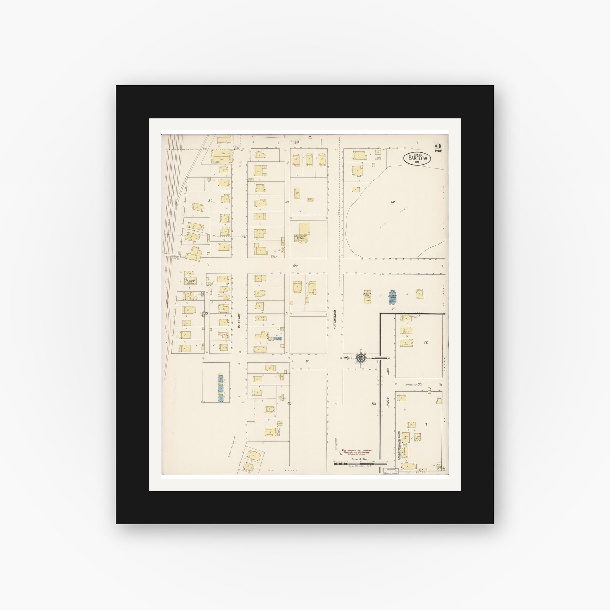 Old map wall art mockup — black gallery frame with white mat — Sanborn Fire Insurance Map from Barstow, San Bernardino County, California (1917), Sheet #0002