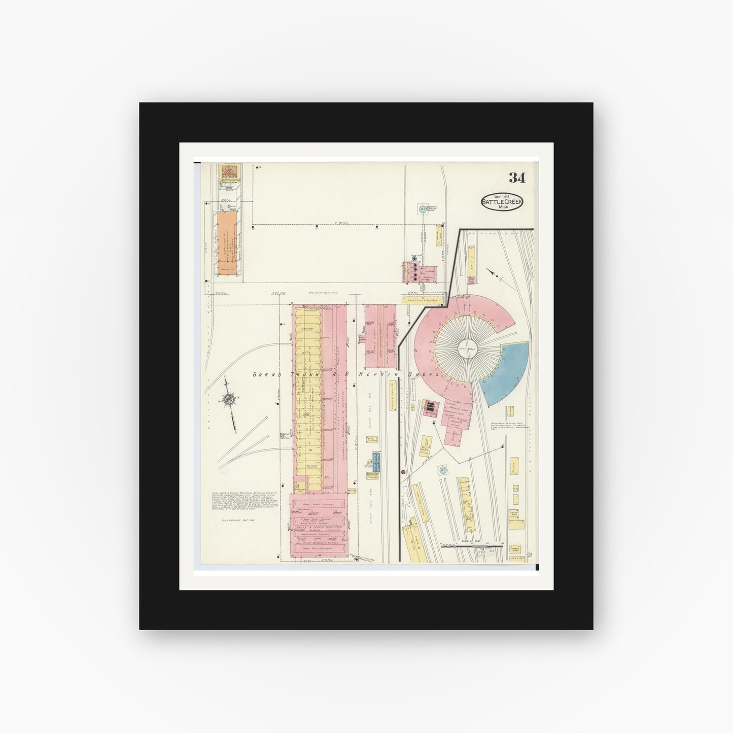 Old map wall art mockup — black gallery frame with white mat — Sanborn Fire Insurance Map from Battle Creek, Calhoun County, Michigan (1913), Sheet #0034