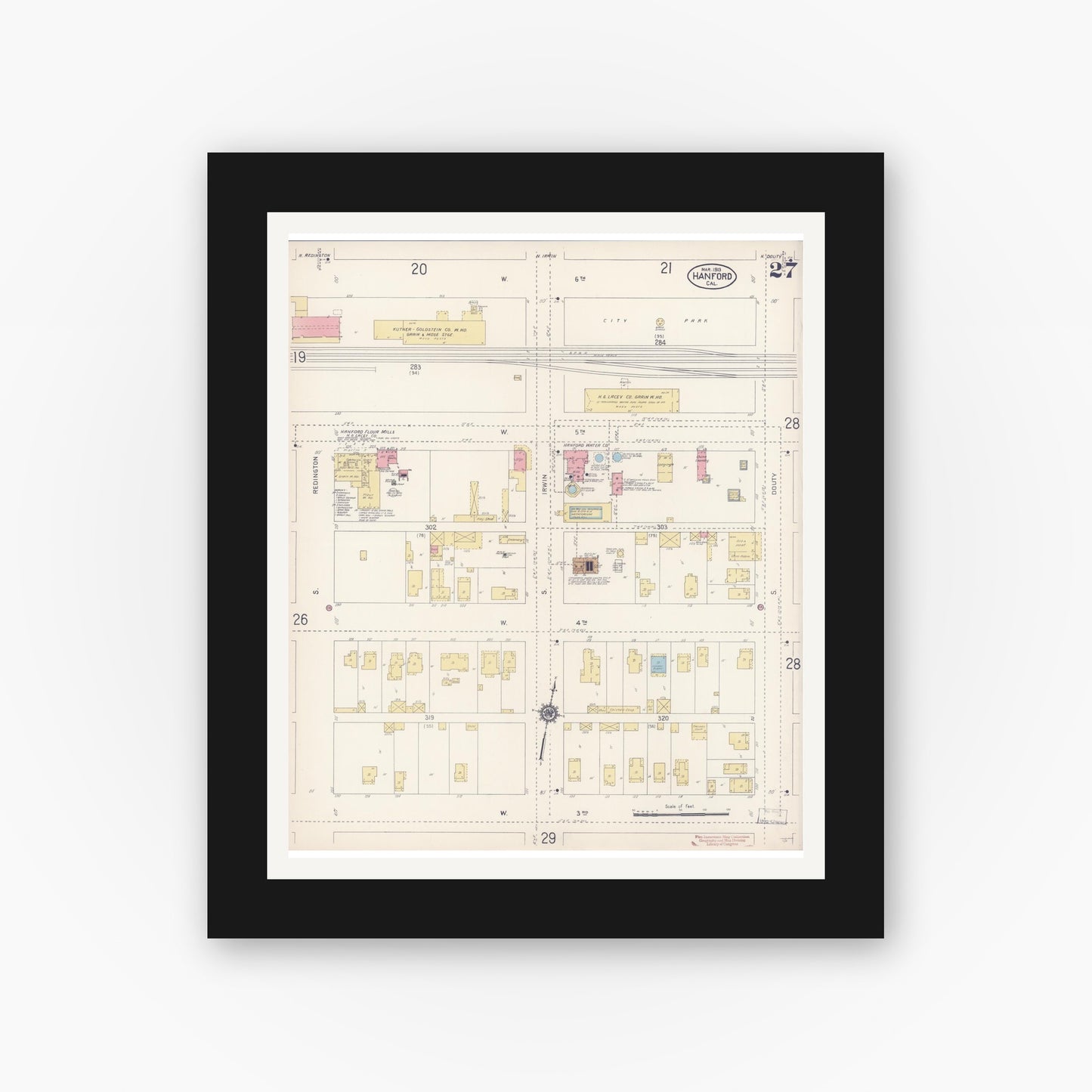 Old map wall art mockup — black gallery frame with white mat — Sanborn Fire Insurance Map from Hanford, Kings County, California (1913), Sheet #0027