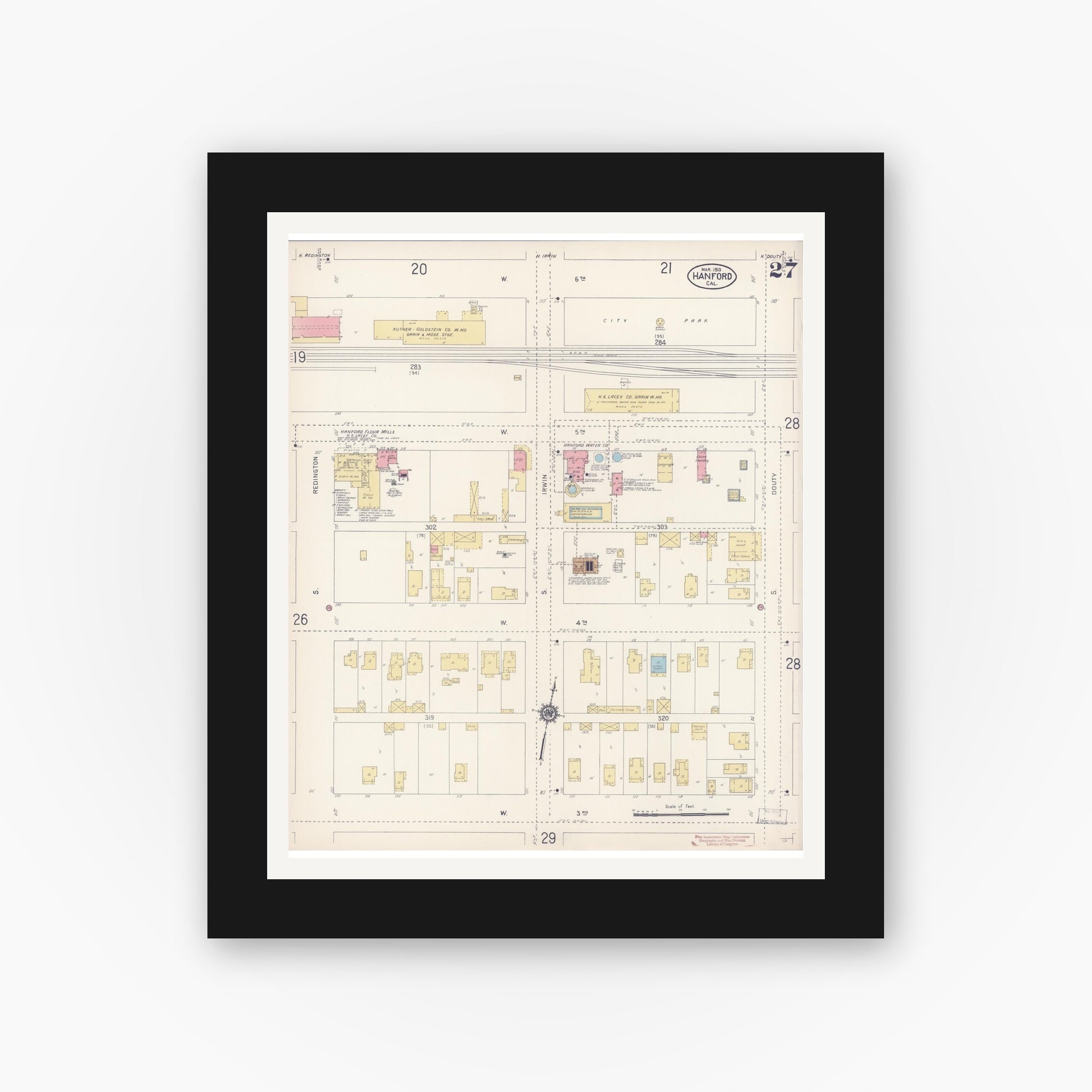 Old map wall art mockup — black gallery frame with white mat — Sanborn Fire Insurance Map from Hanford, Kings County, California (1913), Sheet #0027