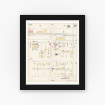 Old map wall art mockup — black gallery frame with white mat — Sanborn Fire Insurance Map from Hanford, Kings County, California (1913), Sheet #0027