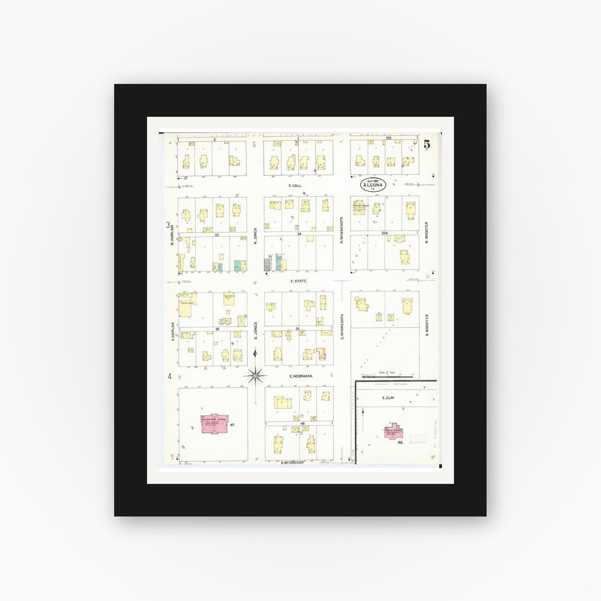 Old map wall art mockup — black gallery frame with white mat — Sanborn Fire Insurance Map from Algona, Kossuth County, Iowa (1907), Sheet #0005