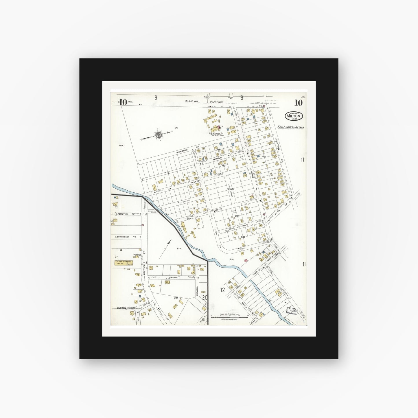 Old map wall art mockup — black gallery frame with white mat — Sanborn Fire Insurance Map from Milton, Norfolk County, Massachusetts (1923), Sheet #0010