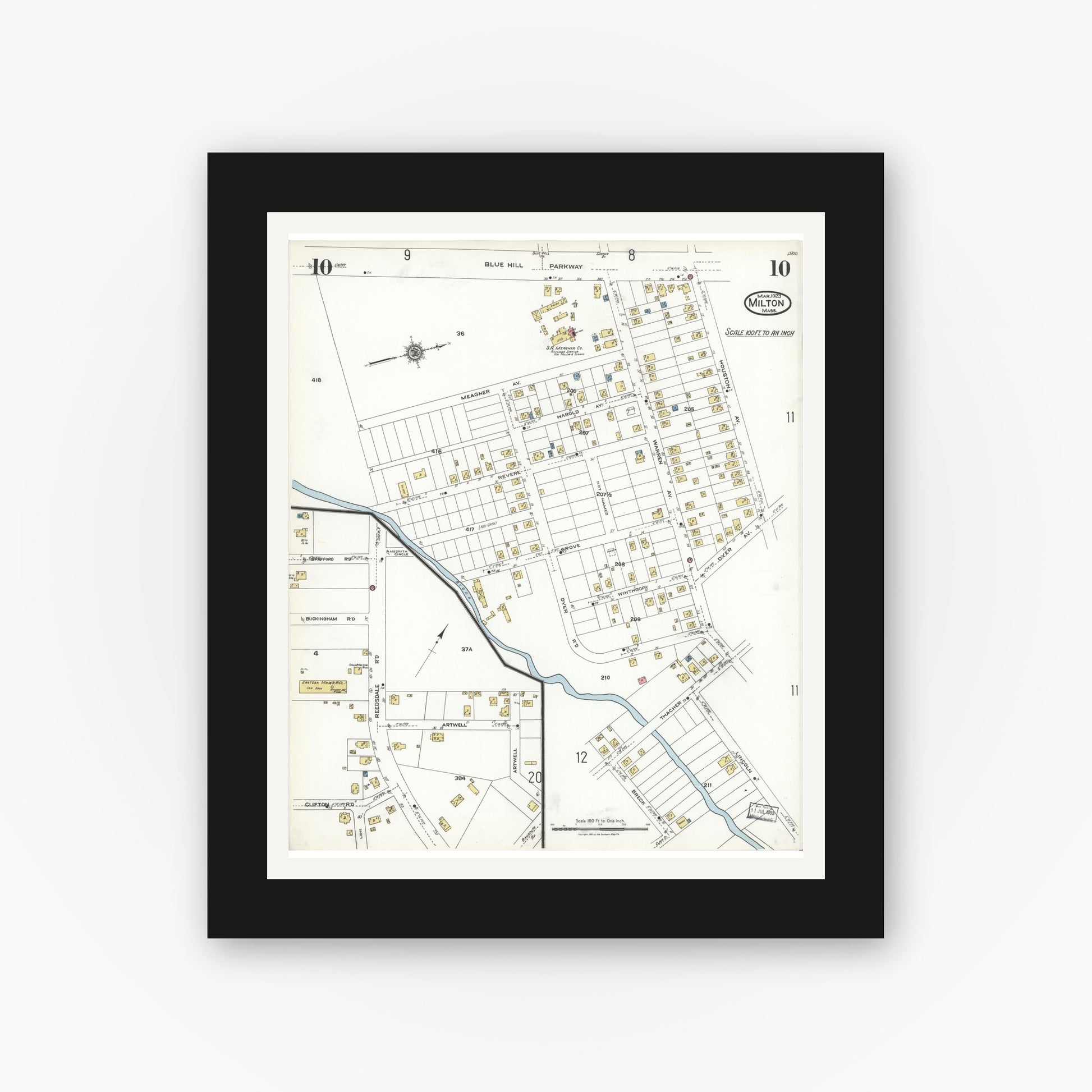 Old map wall art mockup — black gallery frame with white mat — Sanborn Fire Insurance Map from Milton, Norfolk County, Massachusetts (1923), Sheet #0010