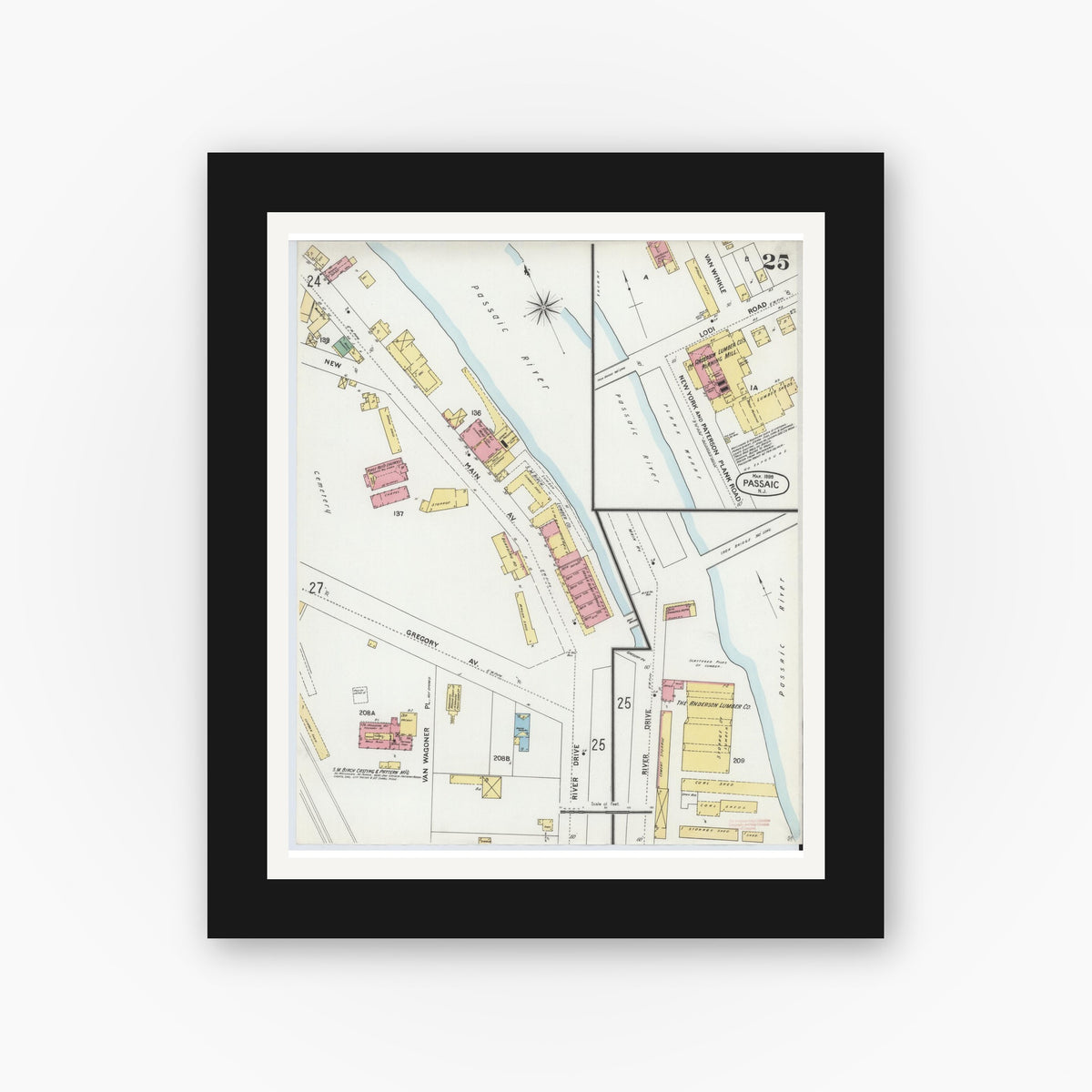 Old map wall art mockup — black gallery frame with white mat — Sanborn Fire Insurance Map from Passaic, Passaic County, New Jersey (1899), Sheet #0025