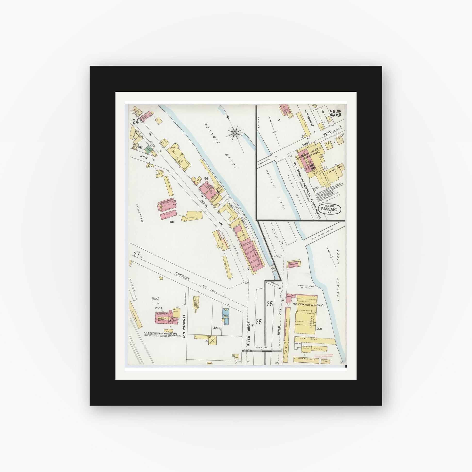 Old map wall art mockup — black gallery frame with white mat — Sanborn Fire Insurance Map from Passaic, Passaic County, New Jersey (1899), Sheet #0025