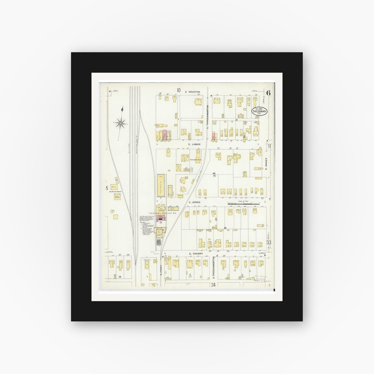 Old map wall art mockup — black gallery frame with white mat — Sanborn Fire Insurance Map from Sherman, Grayson County, Texas (1908), Sheet #0006