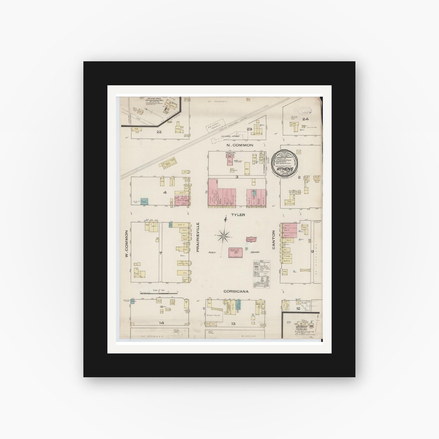 Old map wall art mockup — black gallery frame with white mat — Sanborn Fire Insurance Map from Athens, Henderson County, Texas (1885), Sheet #0001