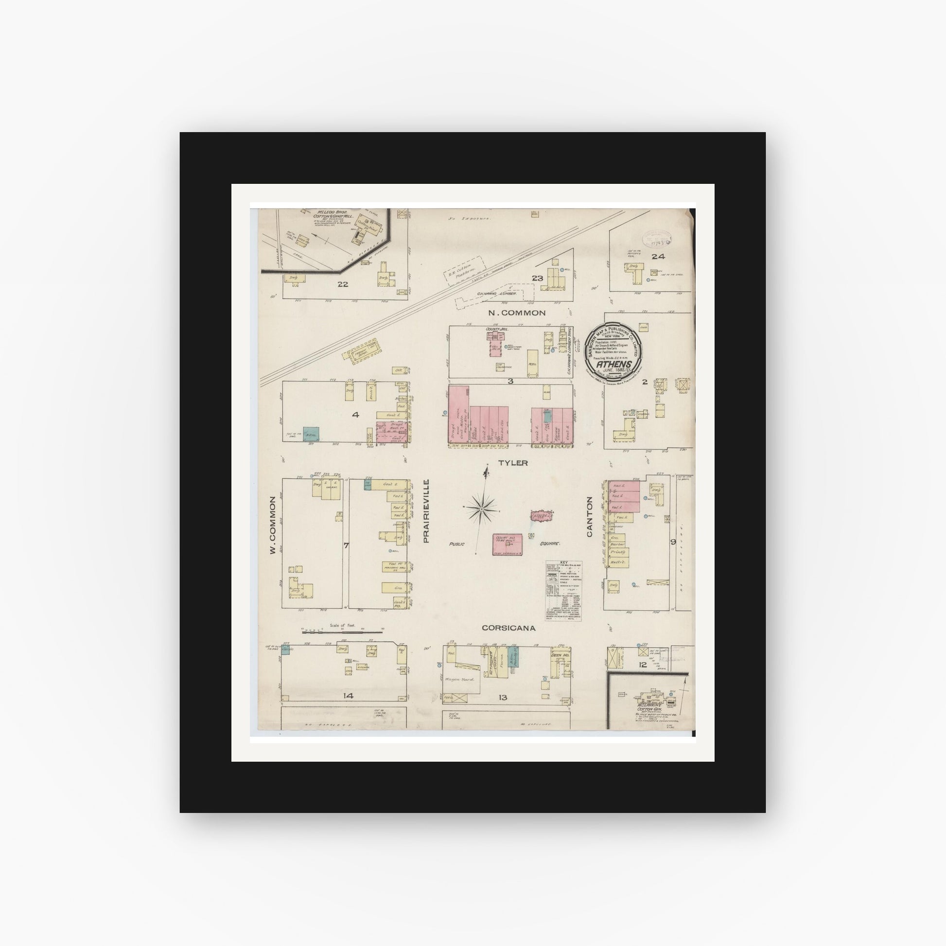 Old map wall art mockup — black gallery frame with white mat — Sanborn Fire Insurance Map from Athens, Henderson County, Texas (1885), Sheet #0001