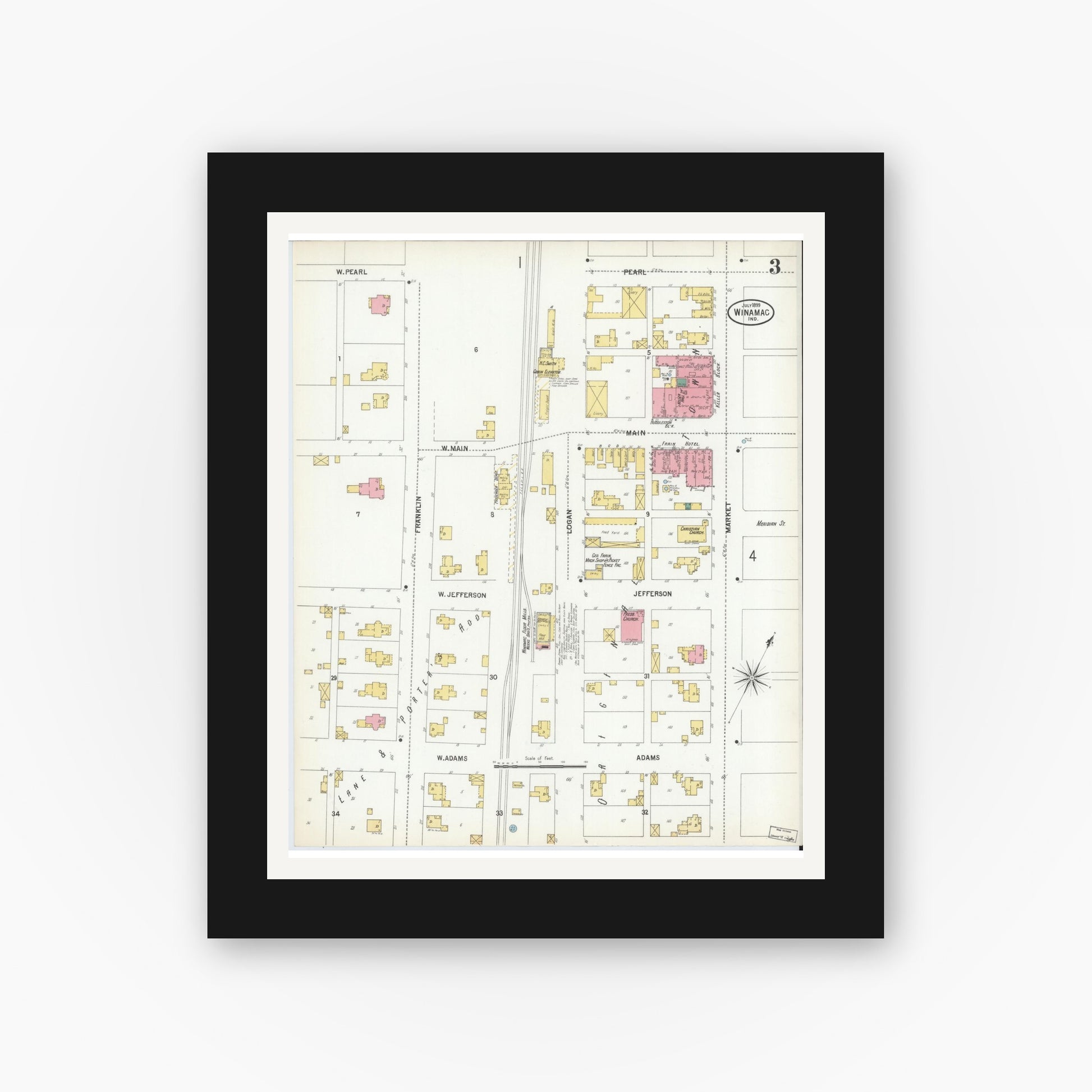 Old map wall art mockup — black gallery frame with white mat — Sanborn Fire Insurance Map from Winamac, Pulaski County, Indiana (1899), Sheet #0003