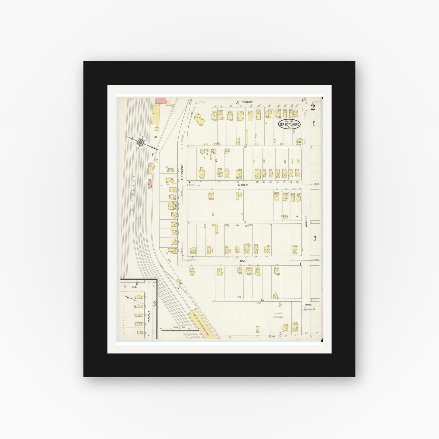 Old map wall art mockup — black gallery frame with white mat — Sanborn Fire Insurance Map from Jersey Shore, Lycoming County, Pennsylvania (1913), Sheet #0002