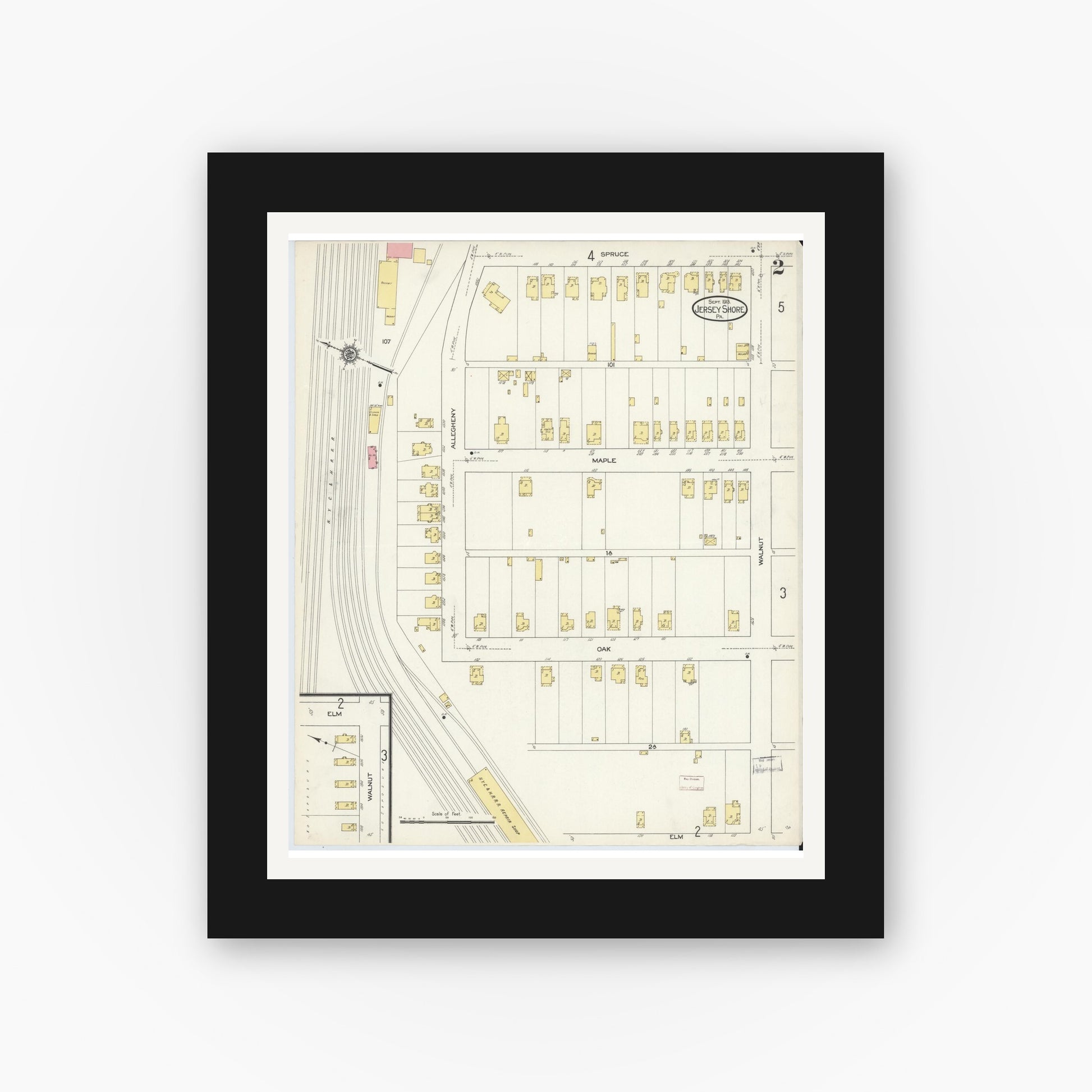 Old map wall art mockup — black gallery frame with white mat — Sanborn Fire Insurance Map from Jersey Shore, Lycoming County, Pennsylvania (1913), Sheet #0002