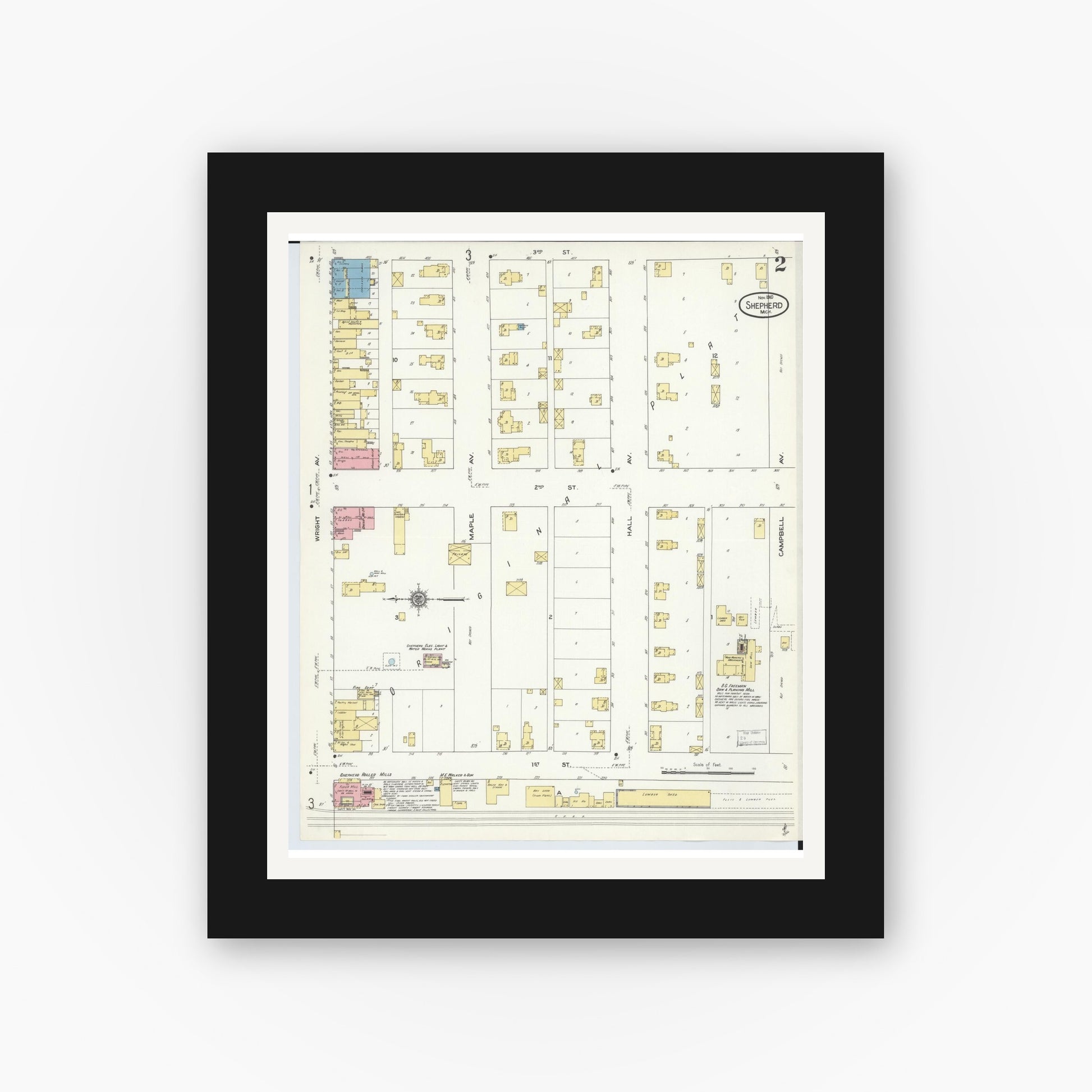 Old map wall art mockup — black gallery frame with white mat — Sanborn Fire Insurance Map from Shepherd, Isabella County, Michigan (1910), Sheet #0002