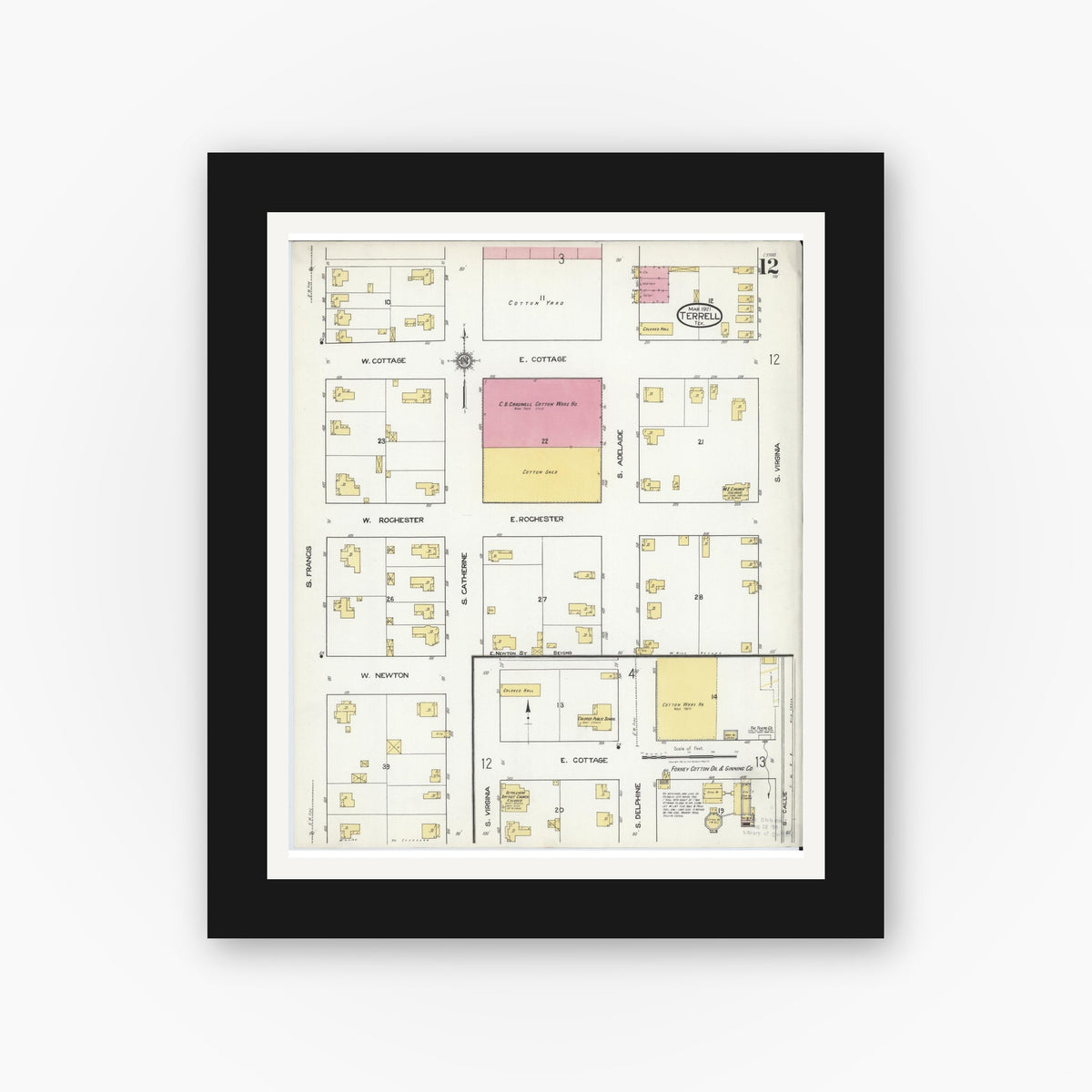 Old map wall art mockup — black gallery frame with white mat — Sanborn Fire Insurance Map from Terrell, Kaufman County, Texas (1921), Sheet #0012