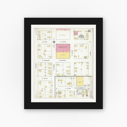 Old map wall art mockup — black gallery frame with white mat — Sanborn Fire Insurance Map from Terrell, Kaufman County, Texas (1921), Sheet #0012