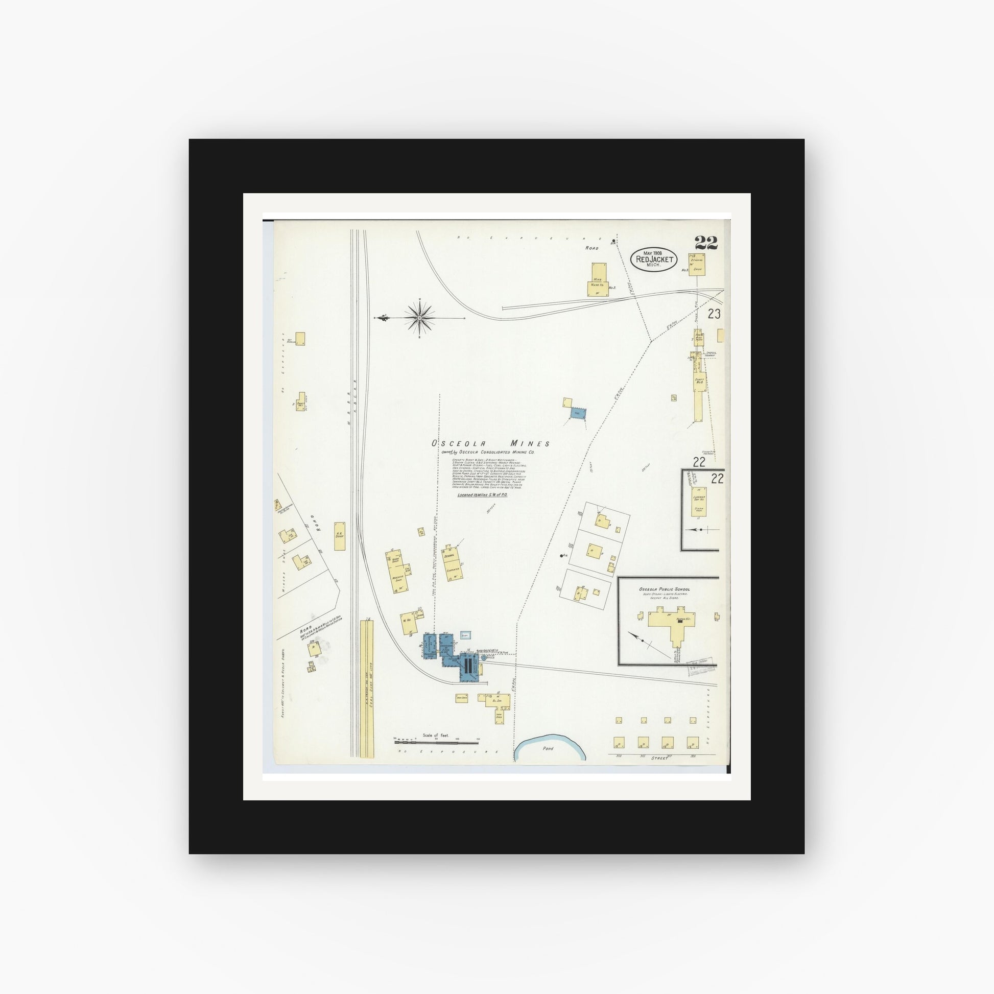 Old map wall art mockup — black gallery frame with white mat — Sanborn Fire Insurance Map from Red Jacket, Houghton County, Michigan (1908), Sheet #0022