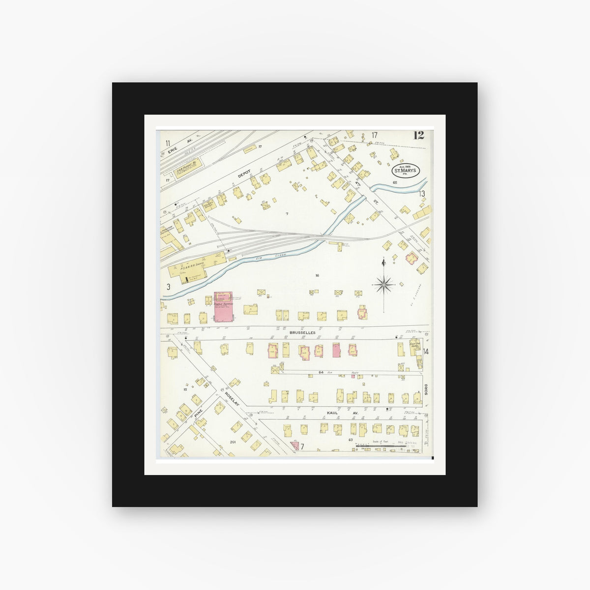 Old map wall art mockup — black gallery frame with white mat — Sanborn Fire Insurance Map from Saint Marys, Elk County, Pennsylvania (1909), Sheet #0012